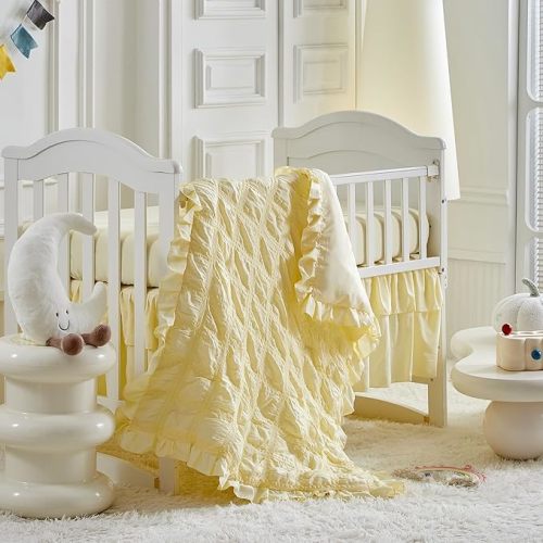 Ruffled Crib Bedding Set Baby Boho Quilted Comforter with Fitted Sheet and Bed Skirt - Cute Soft Breathable Seersucker Ruffled Shabby Chic Bedding Soft Blanket Design - Yellow
