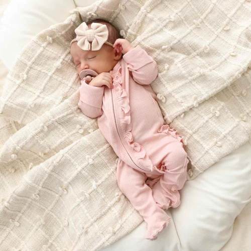 Lovely Pink Waffle Bamboo Zipper Ruffle Footie