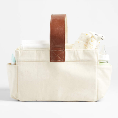 Canvas Diaper Caddy Organizer with Brown Leather Handle