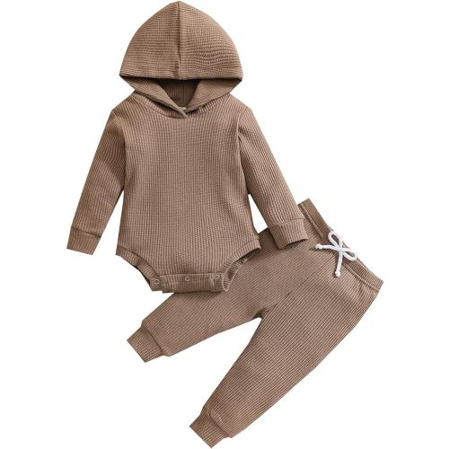 Newborn Unisex Baby Clothes Set Hooded Long Sleeve Bodysuit Stretchy Pants Ribbed Outfits Fall Winter
