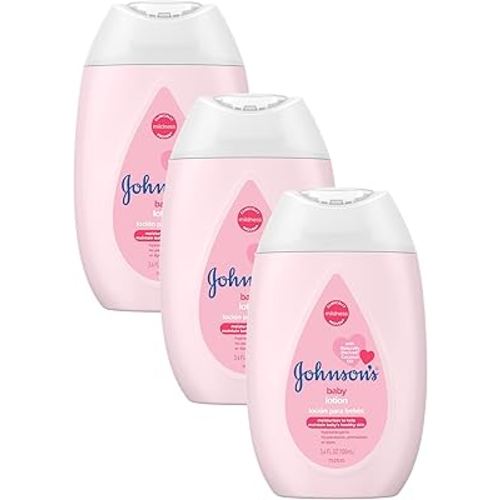 Johnson's Moisturizing Mild Pink Baby Lotion with Coconut Oil for Delicate Baby Skin, Paraben-, Phthalate- & Dye-Free, Hypoallergenic & Dermatologist-Tested, Baby Skin Care, 3.4 Fl. Oz (Pack of 3)
