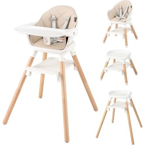 BABY JOY High Chair, 6 in 1 Convertible Wooden Highchair for Babies & Toddlers with Adjustable Legs, Double Removable Tray, Safety Harness & Waterproof PU Cushion (Beige)