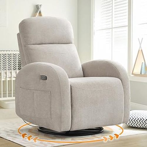 Nursery Glider Recliner, Power Swivel Rocking Recliner with USB & Type-C Port, Swivel Nursering Reclining Rocker with Double Pockets for Living Room, Camel Chenille