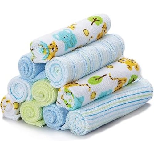 Spasilk 10 Pack Soft Terry Bath Washcloths – Newborn Boy or Girl, Blue Tiger