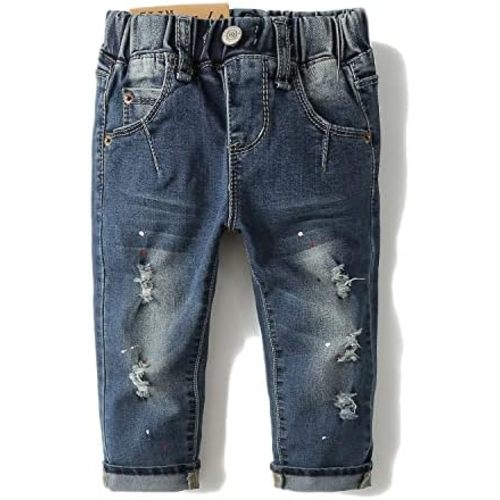 KIDSCOOL SPACE Baby Girl Boy Jeans,Elastic Band Inside with D-Rings Ripped Denim Pants