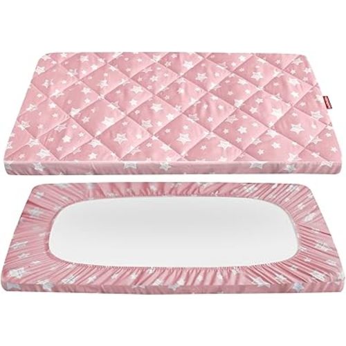 Pack and Play Sheet Quilted, Breathable Thick Playpen Lovely Print Cover 39"×27"×5" Compatible with Graco Portable Mini Cribs, Suitable for Yards and Foldable Mattress Pack and Play Pad, Pink Star