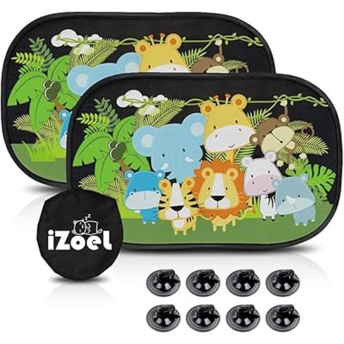 MOVINPE Car Sun Shade for Baby Kids 2 Pack Static Cling Side Window Car 80GSM Rear Sunshades Universal with 8 Suction Cups and Storage Bag - Sun Glare and UV Rays Protection (Cute Animals)