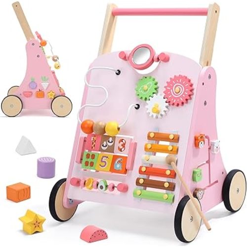 CUTE STONE Wooden Baby Walker, Montessori-Style Push Walker with Activity Center, Adjustable Height & Speed, Push Toys for Toddler Development, First Birthday Gift for Kids Pink