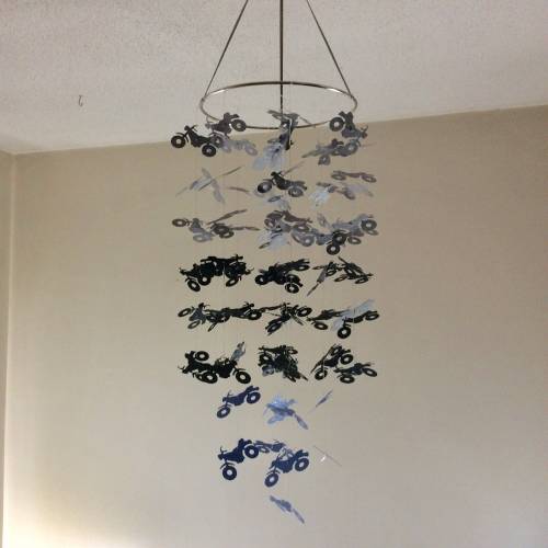 Motorcycle mobile.  Gray, Black and Blue Baby nursery mobile.  Scooter mobile