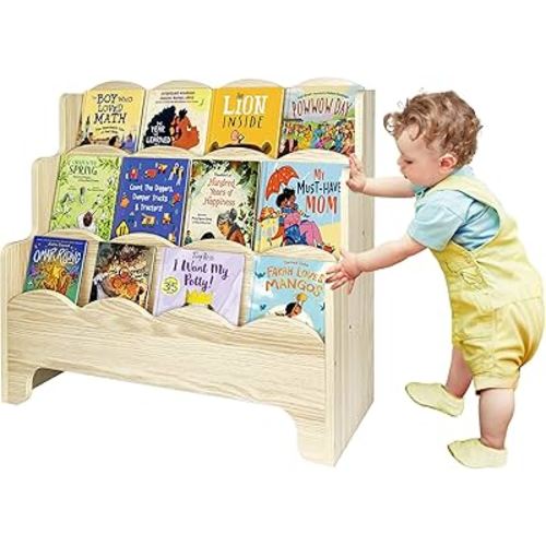 Royxen Montessori Bookshelf Scalloped Edges, Bookshelf for Kids 3-Tier, Kids Book Shelf for Kids Room, Burlywood Color