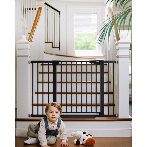 Cumbor 29.7-48" Baby Gate for Stairs, Mom's Choice Awards Winner-Dog Gate for Doorways, Auto Close Safety Pet Gate for Dogs Indoor, Easy Install Pressure Mounted Child Gate with Walk Thru Door, Black