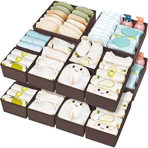 DIMJ Drawer Organizer 15 Pack - Foldable Baby Organizers and Storage & Dresser Organizer for Nursery, Bedroom, Closet - Nursery Organization Dresser Dividers for underwear, Sock, Bra, Belt, Tie, Brown