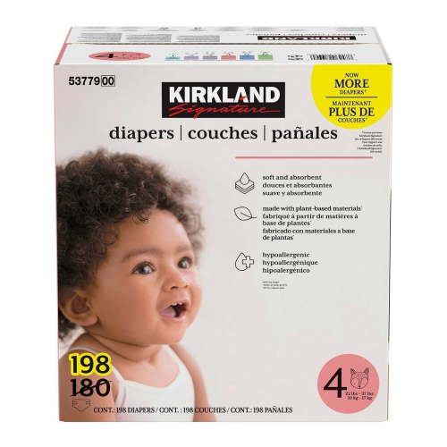 Kirkland Signature Diapers Size 4, Hypoallergenic, Soft, Absorbent, 22-37 Pounds, 198 Count