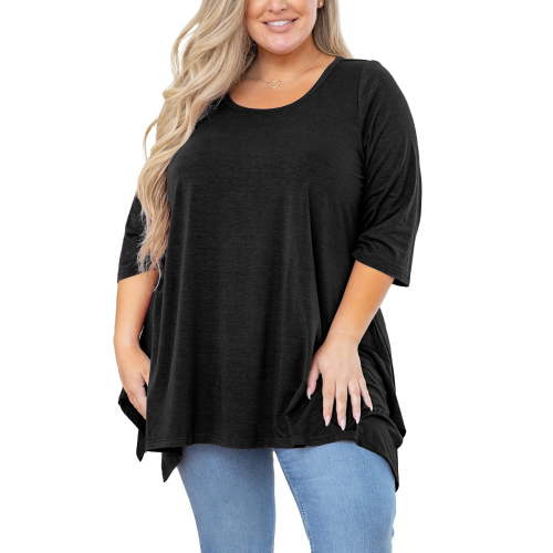 SHOWMALL Plus Size Tops for Women Tunic 3/4 Sleeve Clothes Black 4X Blouse Swing Tunic Clothing Side Split Crewneck Flowy Shirt for Leggings