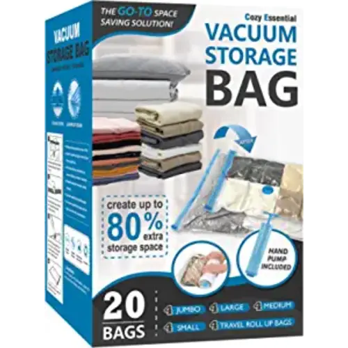 20 Pack Vacuum Storage Bags, Space Saver Bags (4 Jumbo/4 Large/4 Medium/4 Small/4 Roll) Compression for Comforters and Blankets, Sealer Clothes Storage, Hand Pump Included