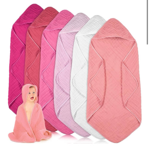 Peryiter 6 Pcs Muslin Hooded Baby Towels,32"x 32" Cotton Newborn Bath Towel Muslin Infant Baby Blankets Absorbent Unisex Newborn Registry Gift for Girls Boys (Pink)