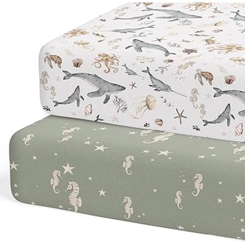 2-Pack Fitted Bassinet Sheets (Ocean Odyssey) - Buttery Soft Cotton Blend for Standard Bassinet