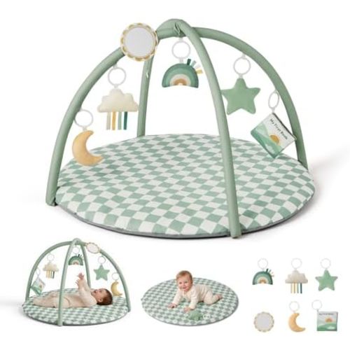 Blissful Diary Baby Play Gym Mat, Play Mat Activity Mat with 6 Detachable Toys for Stage-Based Sensory & Motor Skill Development, Easy to Install & Clean, Baby Essentials Gift, Sage Checkerboard