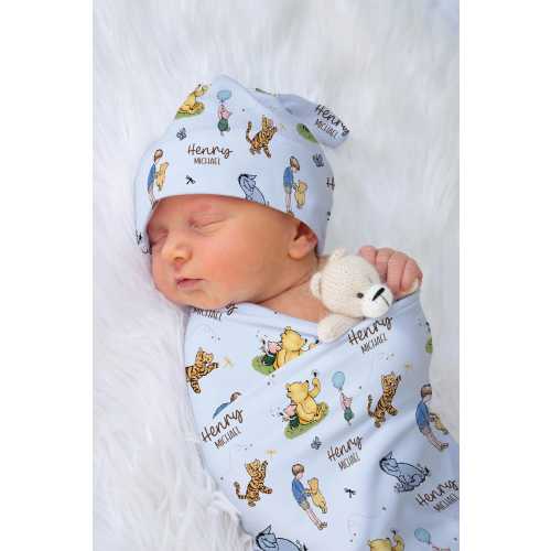 Classic Pooh Baby Name Swaddle Blanket Personalized Swaddle Set and Bow Classic Pooh Baby Shower Gift Classic Pooh Nursery Newborn Swaddle