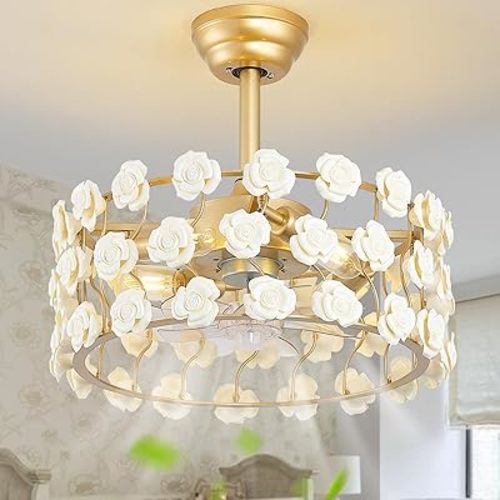 Gold Flower Fandelier Ceiling Fans with Lights, 20" Caged Chandelier Ceiling Fans with Lights Remote Control, Mid-Century Modern with 6 Speeds for Bedroom, Living Room, Nursery