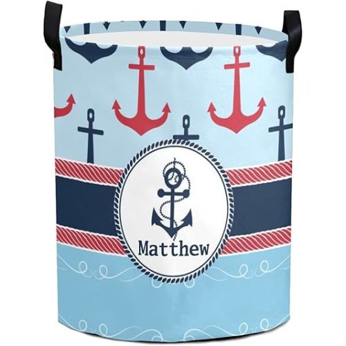 Nautical Anchor Personalized Laundry Basket Clothes Hamper with Handles Waterproof,Collapsible Laundry Storage Baskets for Bathroom,Bedroom Decorative 19.7"Hx14.2"D