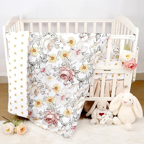 4-Piece Crib Bedding Set, Baby Girl Bedding Crib Set, Flower Crib Skirt, Baby Quilt, Crib Sheet and Diaper Stacker