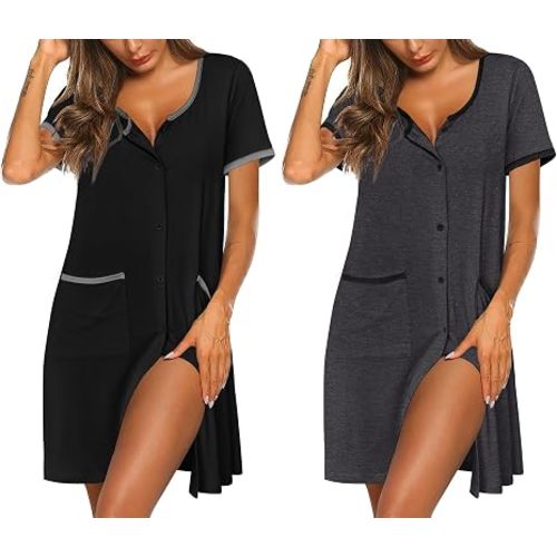 Ekouaer 2 Pack Nightgowns for Women Button Down Houese Dress with Pockets