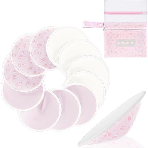 MOMUSE Reusable Nursing Pads 12 Pack,Ultra Smooth Fabric & Fast Absorbent Breathable Washable Nursing Pads for Breastfeeding Essentials,Invisible Cup-Shaped,Waterproof Bag + Wash Bag
