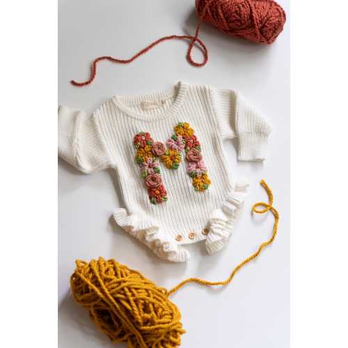 SWEATER ROMPER, RUFFLE - Custom Name Sweater Romper, Embroidered Sweater Romper, Floral Romper, Flower Letter, Flower Initial, Baby Gift