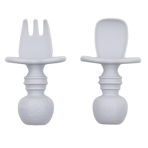 Bumkins Baby Utensils Set, Chewtensils Silicone Spoons for Dipping, Self-Feeding, Baby Led Weaning, Trainer Learning, First Stage Eating, Soft Practice Fork and Spoon, Babies 6 Months, Gray