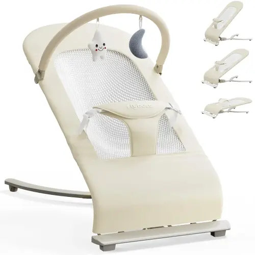 3-in-1 Portable Baby Bouncer & Rocker Chair for Newborn to Toddler - 4 Adjustable Recline Positions, Breathable Cotton Fabric, Natural Vibration, Supports Up to 33 lbs (Oatmeal Khaki)
