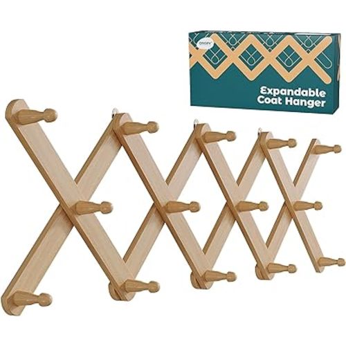 OROPY Wood Accordion Wall Hanger, Expandable Coat Rack Wall Mount with 14 Pegs, Expanding Hat Rack for Wall, X Shape, 27"×10", Natural Color