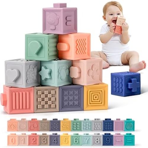 TUMAMA Baby Blocks 12pcs - Building Blocks for 0-18 Months, Stacking Montessori Soft Teething Toys, Infant Sensory Development for New Born Baby Boy Girl Gift