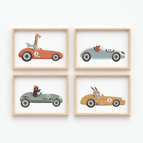Vintage Race Car Nursery Prints. Baby Boy, Racing Car Wall Art, Print Set, Four Print, Boys Decor, Printable, Transport, Racing Car Theme