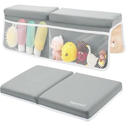 Bath Kneeler and Elbow Rest Pad Set, Thick and Quick Dry Kneeling Pad Support for Knee and Arm, Extra Large Baby Bath Kneeler Pads Bathtub Mat with Toys Organizer for Baby Bath Time, Grey
