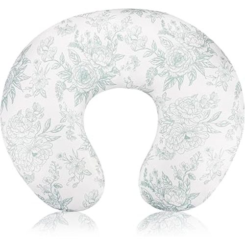 Nursing Pillow Cover, Removable Nursing Covers for Breastfeeding Pillows, Stretchy and Soft Fit for Baby Girls Boys Newborn, Green Flower (Only Cover)