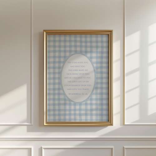 Christian Wall Art Blue Vintage Gingham Print, Boys Nursery Bible Art, The Lord Bless You and Keep You Numbers 6: 24-26, Digital Download