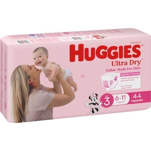 Huggies Ultra Dry Nappies Girls Size 3 (6-11kg) 44 pack | Woolworths