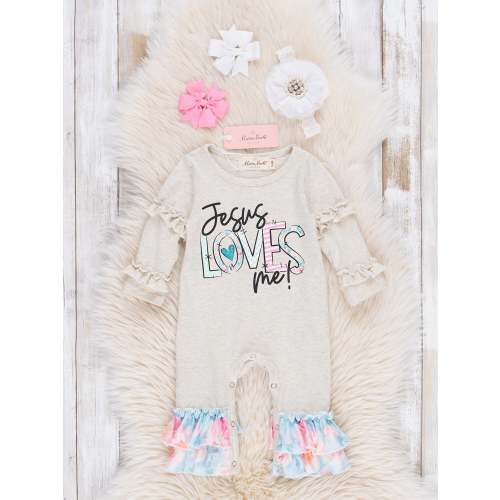 Grey Jesus Loves Me Ruffle Romper - Restocked!