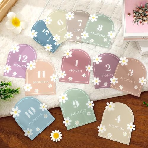 12 Pcs Acrylic Baby Milestone Cards 3D Boho Daisy Discs Announcement Sign Newborn Photography Prop for Pregnancy Baby Shower Party Gift Supplies