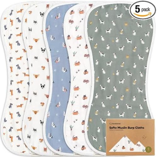 5-Pack Muslin Burp Cloths Baby Boy, Girl - Very Absorbent Baby Burp Cloth Rags, 8-Layers Viscose Derived from Bamboo Cotton Muslin Towel, Super Soft Spit Up Rags, No Shrink Washcloths (Pets & Paws)