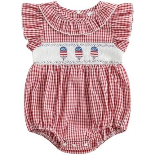 Karuedoo Infant Baby Girl 4th of July Outfit Embroidered Flag Ruffle Sleeveless Plaid Smocked Bubble Romper Patriotic Clothes