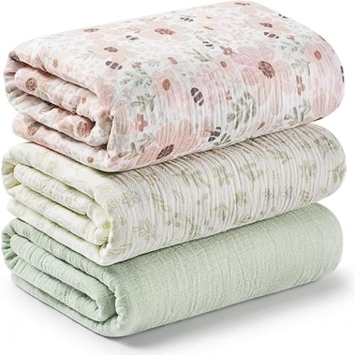 3-Pack Muslin Swaddle Blankets for Newborns Boy,Girl – 47x47 Large Cotton Muslin Baby Blanket, Nursery Swaddling, Neutral, Soft, Breathable, Light Infant Baby Receiving Cover (Flora Vale, Regular)