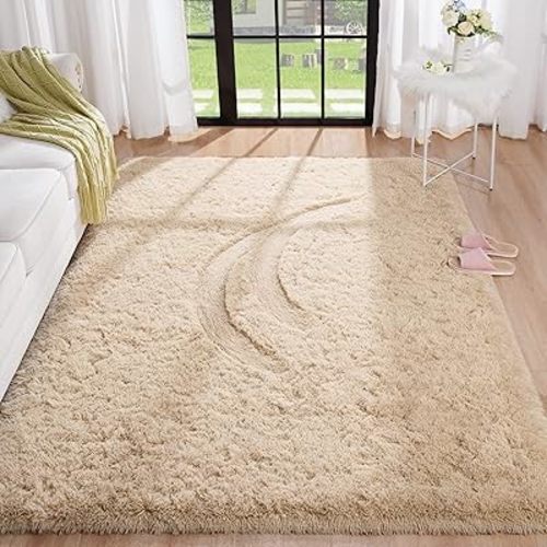 BENRON Fluffy Beige Rugs for Living Room Bedroom 4x6, Soft Plush Fuzzy Shaggy Rugs for Kids Girls Boys Room Decor, Washable Indoor Floor Carpets