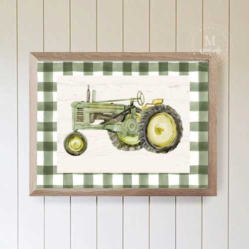 Green Gingham Tractor Kids Wall Art, Kids Room Art, Tractor Art, Farmhouse Art, Wood Nursery Sign, Nursery Art