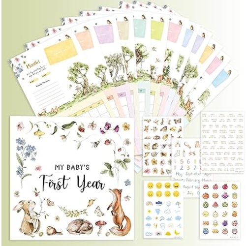 WOODAMORE Baby Calendar First Year with Stickers - Wildflower Baby First Year Memory Book, Babies Milestone Calendar Tracker, Babies 1st Book Keepsake for Newborn Girl