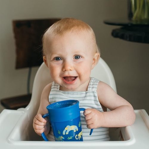Dr. Brown’s Milestones Cheers 360 Cup Spoutless Transition Cup with Handles for Easy Grip and Leak-Free Learning, Blue Safari, 7 oz/200 mL - 7oz Cup with Handles, Blue Animals