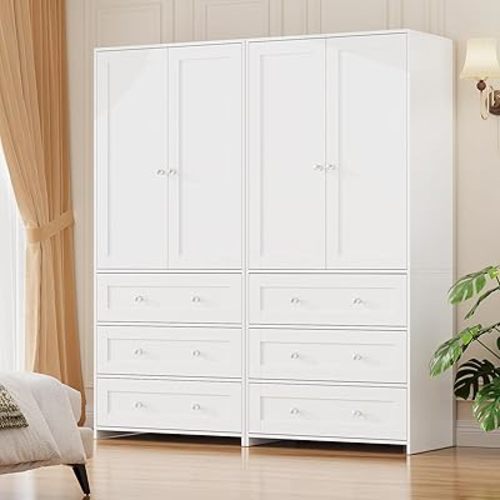 VOWNER Armoire Wardrobe Closet with Drawers and Mirror, 71" Clothing Storage Cabinet with Hanging Rod, 2 Doors Wooden Wardrobe Cabinet for Bedroom, Large Capacity Storage