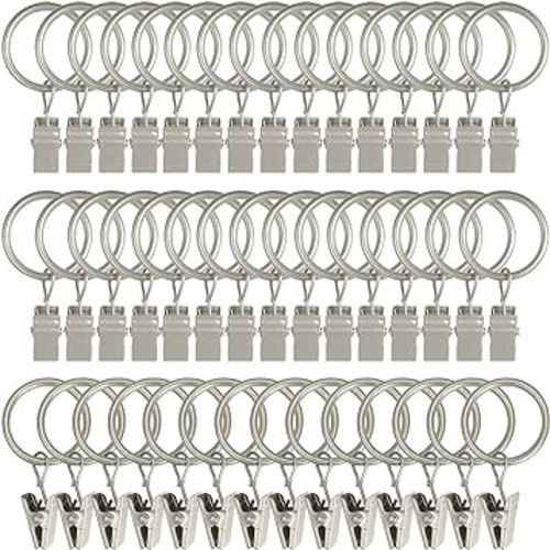 44 Pack Curtain Rings with Clips, Curtain Clip Rings Hooks, Bow Hanger Clips for Hanging Drapery Drapes Bows, Ring 1 inch Interior Diameter, Fits up to 5/8" Rod, Matte Silver