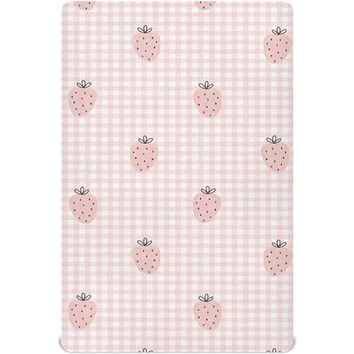 Fitted Crib Sheets Plaid and Strawberry Pink Stretchy Portable Playard Sheets for Baby Toddler, Breathable Soft Mini Crib Mattress 39 x 27 in for Boys and Girls